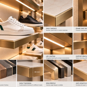 Custom Shoe Display Shelf with Refined Finishes & Flexible Mounting 5 shoe-display-shelf-material-details