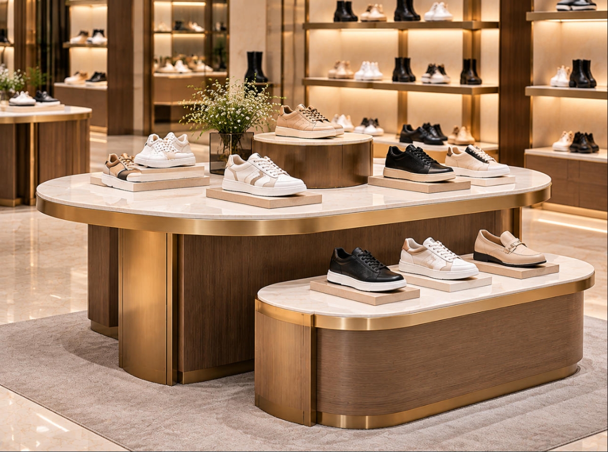 Custom Shoe Display Table with Premium Display Surfaces 1 Custom shoe display table with marble top, wood finish base and gold metal trim for luxury footwear retail stores