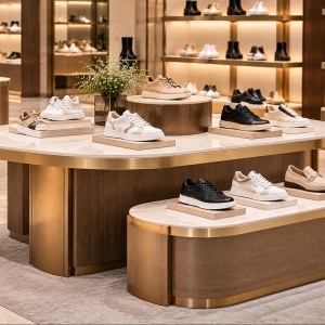 Custom Shoe Display Table with Premium Display Surfaces 2 Custom shoe display table with marble top, wood finish base and gold metal trim for luxury footwear retail stores