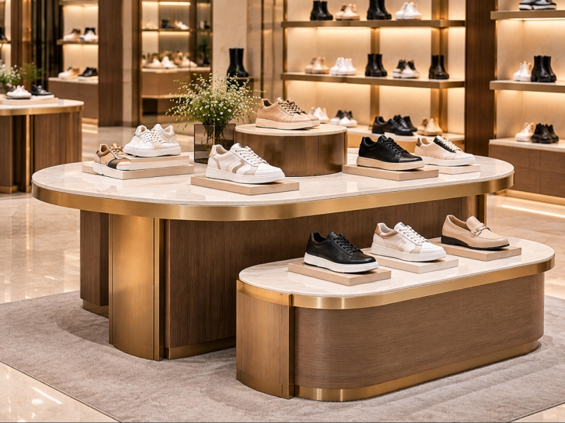Custom shoe display table with marble top, wood finish base and gold metal trim for luxury footwear retail stores