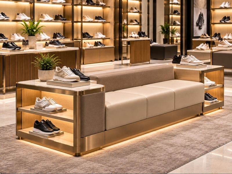 Custom shoe store seating display with cream upholstered fitting bench, integrated sneaker shelves and champagne gold metal frame