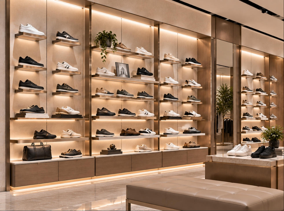 Custom Shoe Wall Display System with Modular Shoe Shelves 1 Custom shoe wall display system with illuminated floating shelves and organized footwear presentation for luxury retail stores