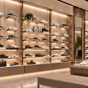Custom Shoe Wall Display System with Modular Shoe Shelves 2 Custom shoe wall display system with illuminated floating shelves and organized footwear presentation for luxury retail stores