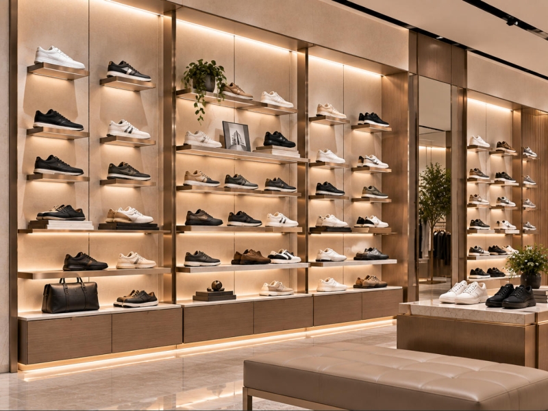 Custom shoe wall display system with illuminated floating shelves and organized footwear presentation for luxury retail stores
