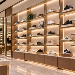 Custom Shoe Wall Display System with Modular Shoe Shelves 6 shoe-wall-display-system-perspective