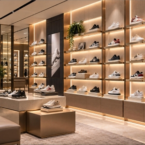 Custom Shoe Wall Display System with Modular Shoe Shelves 3 shoe-wall-display-system-retail-store