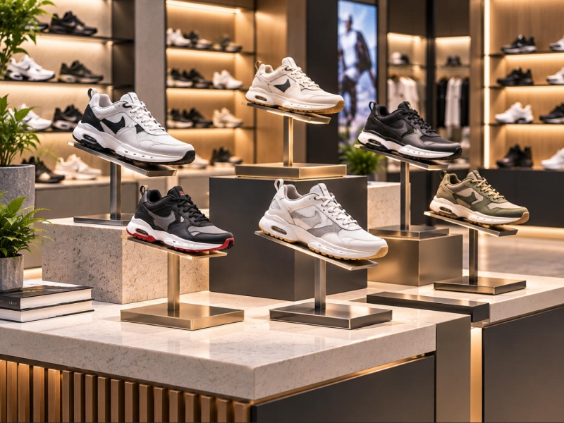 Custom sneaker display stands with angled shoe supports, slim metal frames and premium bases in a luxury footwear retail store