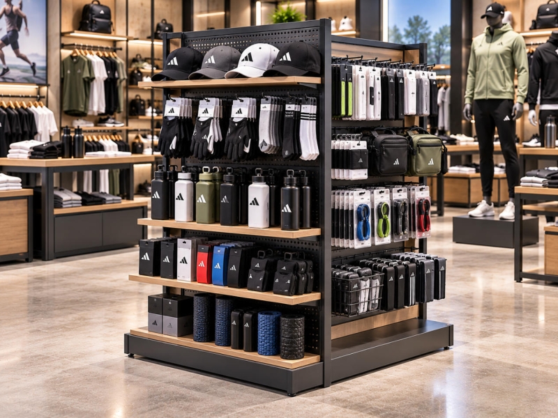 Custom sports accessories display stand with double-sided metal pegboard, wood shelves and hooks for sports caps, gloves, socks and water bottles