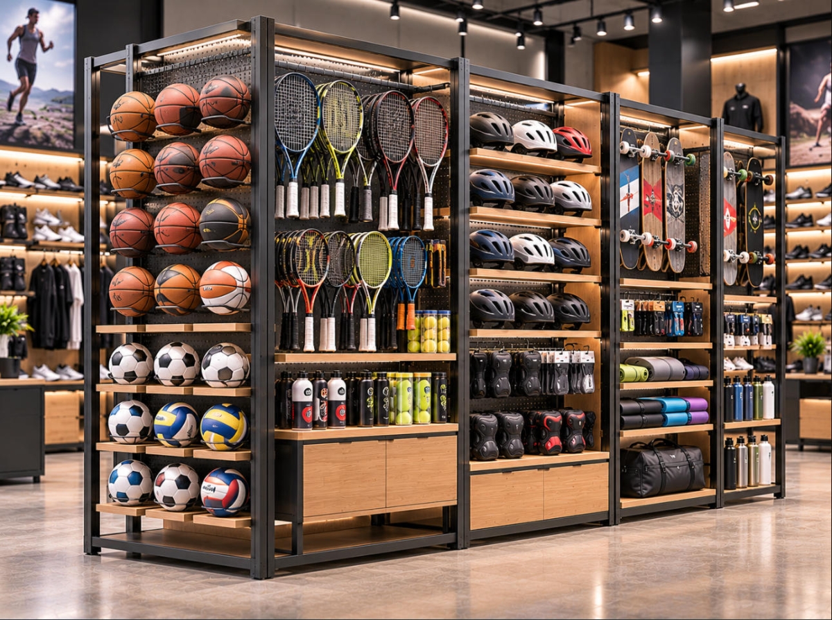Custom Sports Equipment Display Fixture for Sporting Goods & Athletic Retail Stores 1 Custom sports equipment display fixture with metal frame, ball holders, racket racks and helmet shelves for sporting goods stores