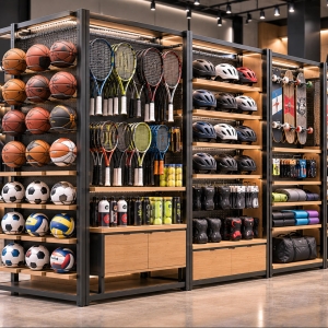 Custom Sports Equipment Display Fixture for Sporting Goods & Athletic Retail Stores 2 Custom sports equipment display fixture with metal frame, ball holders, racket racks and helmet shelves for sporting goods stores