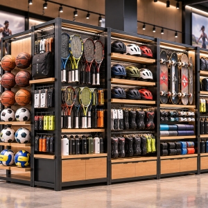 Custom Sports Equipment Display Fixture for Sporting Goods & Athletic Retail Stores 6 sports-equipment-display-fixture-perspective