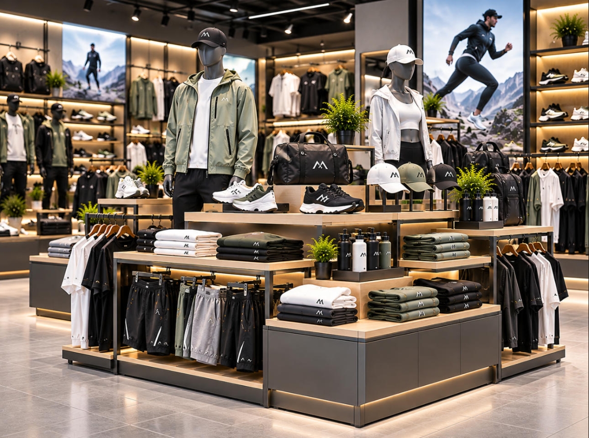 Custom Sportswear Display Island with Multi-Sided Merchandising 1 Custom sportswear display island with multi-level wood-finish platforms, metal frame, garment rails and sneaker displays for athletic retail stores