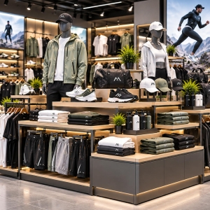 Custom Sportswear Display Island with Multi-Sided Merchandising 2 Custom sportswear display island with multi-level wood-finish platforms, metal frame, garment rails and sneaker displays for athletic retail stores