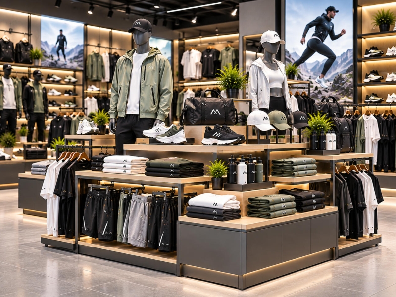 Custom sportswear display island with multi-level wood-finish platforms, metal frame, garment rails and sneaker displays for athletic retail stores