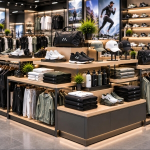 Custom Sportswear Display Island with Multi-Sided Merchandising 6 sportswear-display-island-perspective