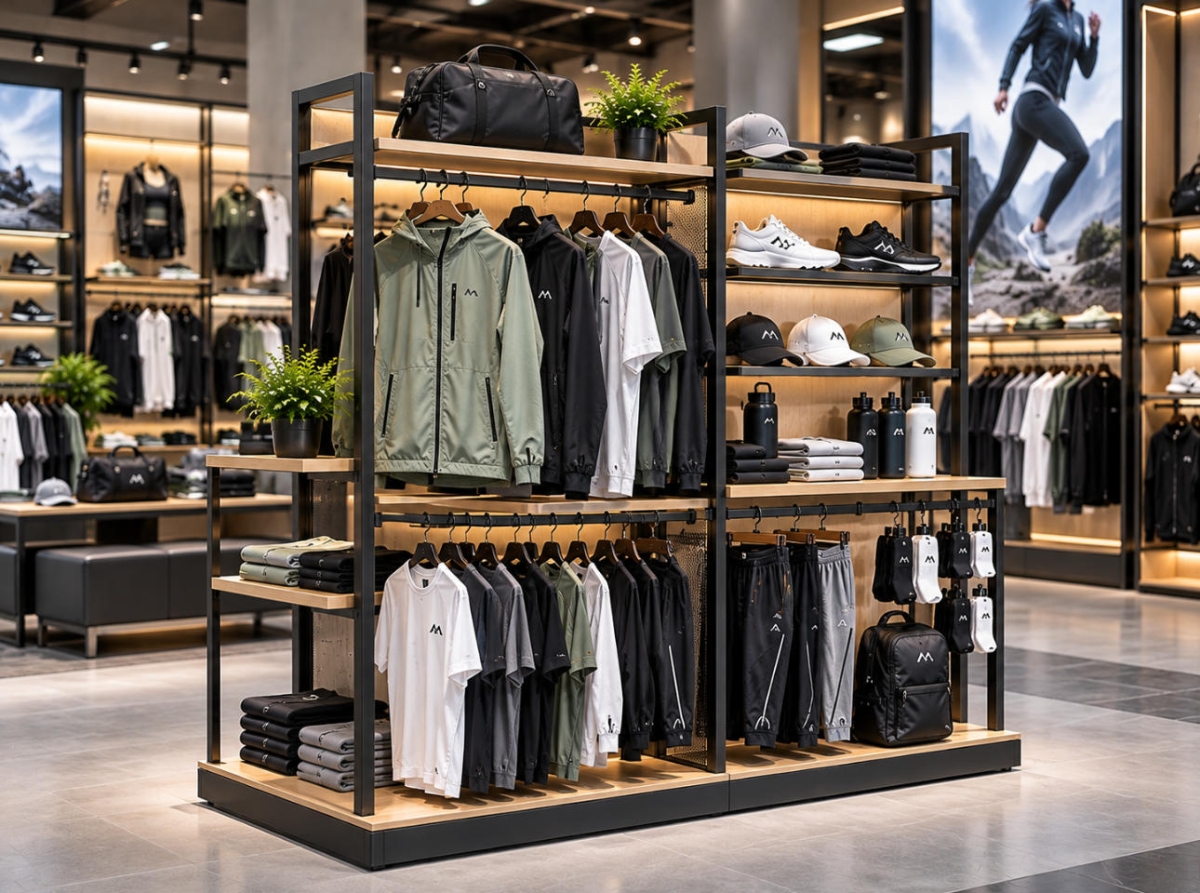 Custom Sportswear Display Rack Designed for Flexible Athletic Retail Displays 1 Custom sportswear display rack with freestanding metal frame, garment rails and shelves for athletic apparel and accessories