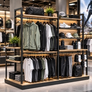 Custom Sportswear Display Rack Designed for Flexible Athletic Retail Displays 2 Custom sportswear display rack with freestanding metal frame, garment rails and shelves for athletic apparel and accessories