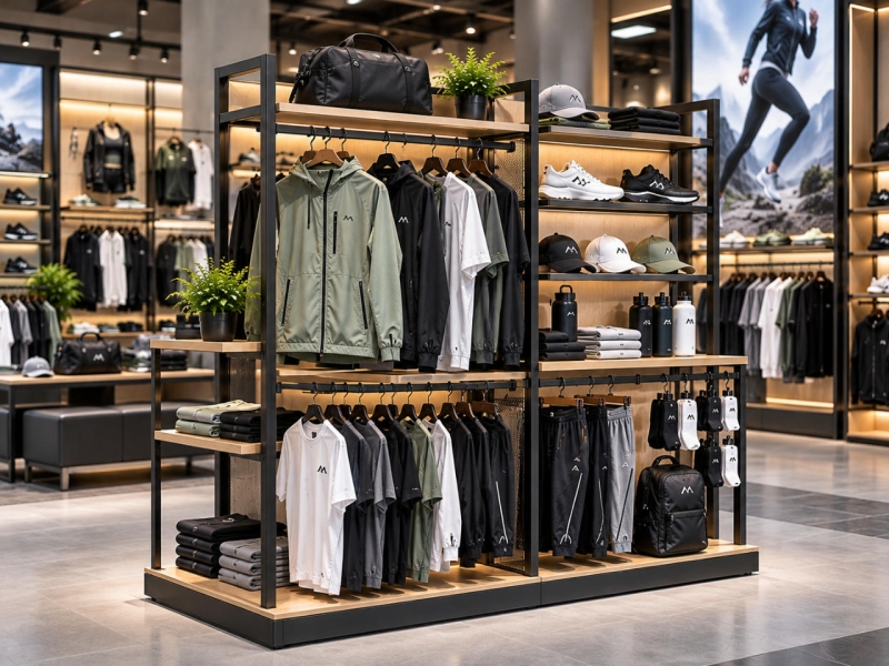 Custom sportswear display rack with freestanding metal frame, garment rails and shelves for athletic apparel and accessories