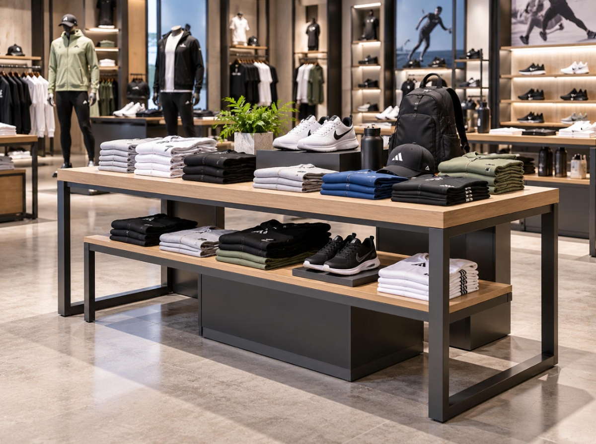 Custom Sportswear Display Table for Athletic Apparel & Sports Retail Stores 1 Custom sportswear display table with open retail tabletop, metal frame and organized athletic apparel, sneakers and accessories
