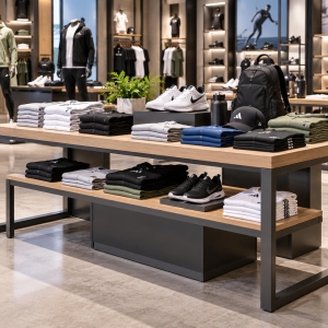 Custom Sportswear Display Table for Athletic Apparel & Sports Retail Stores 2 Custom sportswear display table with open retail tabletop, metal frame and organized athletic apparel, sneakers and accessories