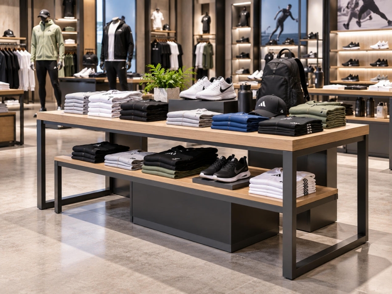 Custom sportswear display table with open retail tabletop, metal frame and organized athletic apparel, sneakers and accessories
