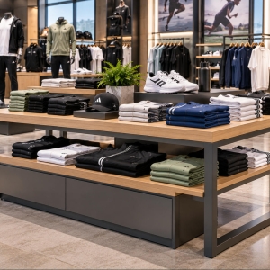 Custom Sportswear Display Table for Athletic Apparel & Sports Retail Stores 6 sportswear-display-table-perspective