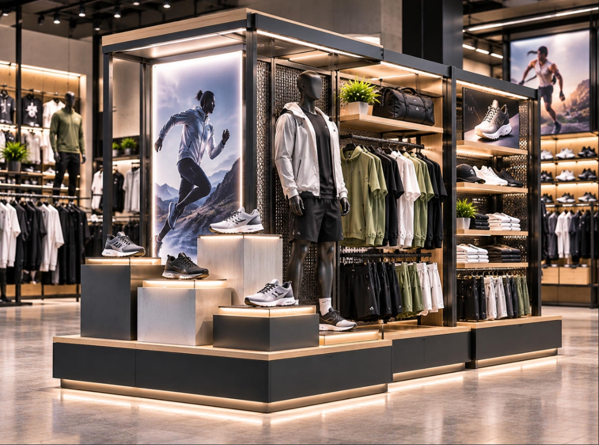 Custom Sportswear Feature Display Unit for Product Launches, Brand Campaigns & Athletic Retail Stores 1 Custom sportswear feature display unit with illuminated sneaker platforms, athletic apparel display, campaign backdrop and metal frame