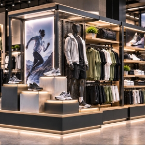 Custom Sportswear Feature Display Unit for Product Launches, Brand Campaigns & Athletic Retail Stores 2 Custom sportswear feature display unit with illuminated sneaker platforms, athletic apparel display, campaign backdrop and metal frame
