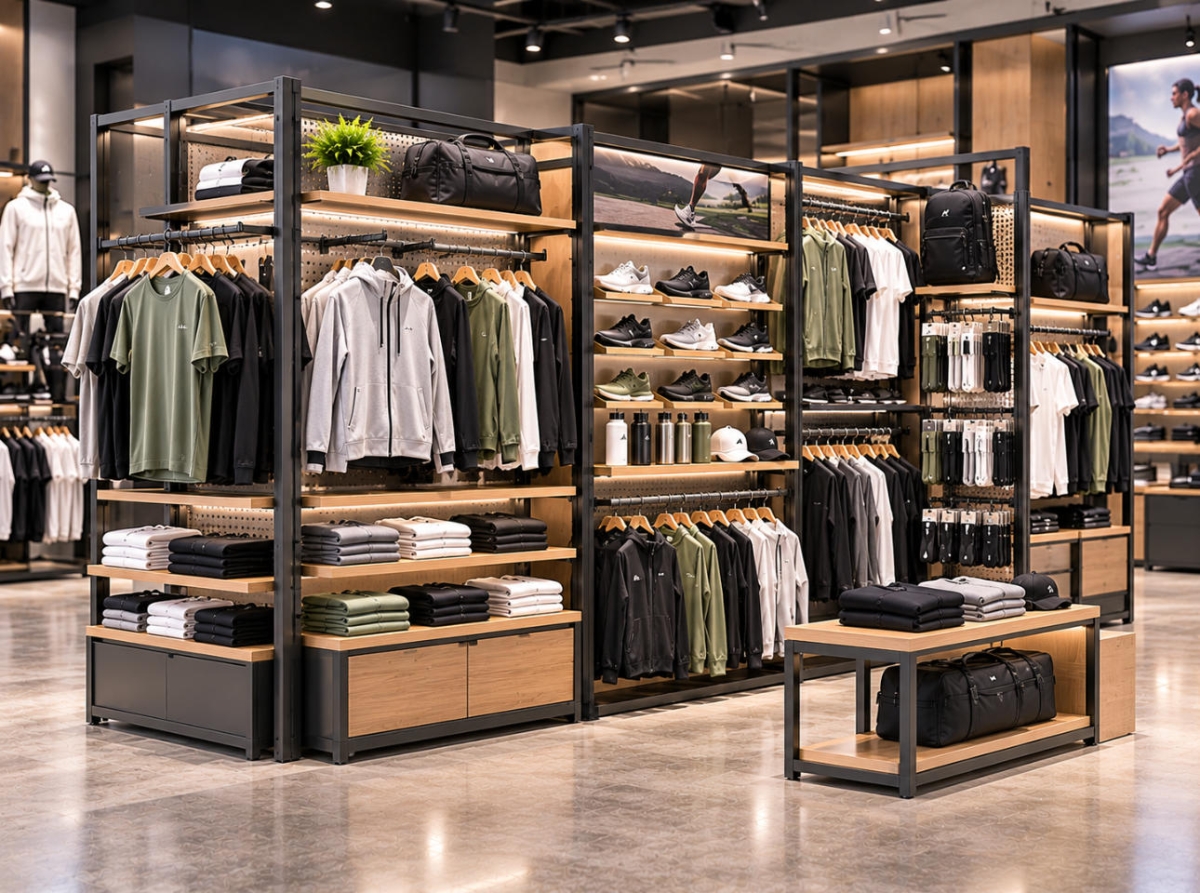 Custom Sportswear Modular Display System for Flexible Athletic Retail Stores 1 Custom sportswear modular display system with connected metal frames, interchangeable garment rails, display shelves and sneaker platforms