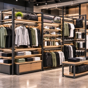 Custom Sportswear Modular Display System for Flexible Athletic Retail Stores 2 Custom sportswear modular display system with connected metal frames, interchangeable garment rails, display shelves and sneaker platforms