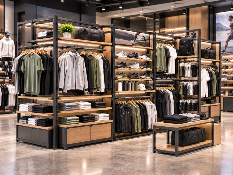 Custom sportswear modular display system with connected metal frames, interchangeable garment rails, display shelves and sneaker platforms