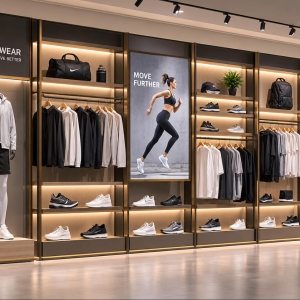 Custom Sportswear Wall Display System with Modular Merchandising 2 Custom sportswear wall display system with modular garment rails, illuminated shoe shelves and accessory displays for athletic retail stores