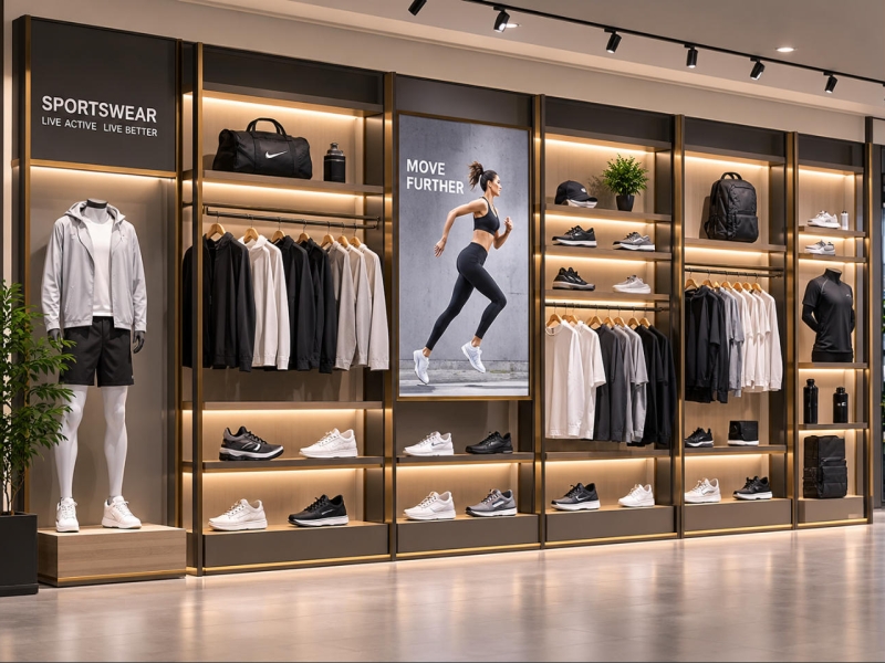 Custom sportswear wall display system with modular garment rails, illuminated shoe shelves and accessory displays for athletic retail stores