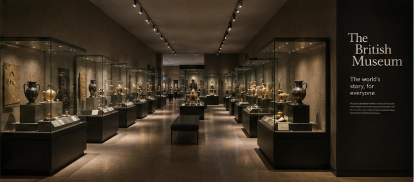 British Museum natural stone plinths high wall showcases