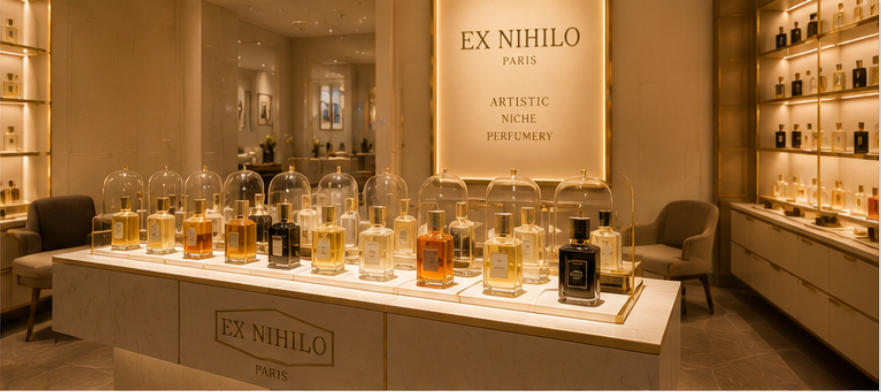BYREDO minimalist perfume display cabinet concrete