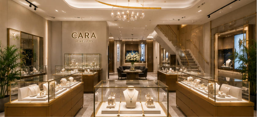 Cara Jewellers brushed gold wood display cases