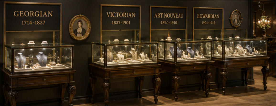 Era-specific antique jewelry display cases