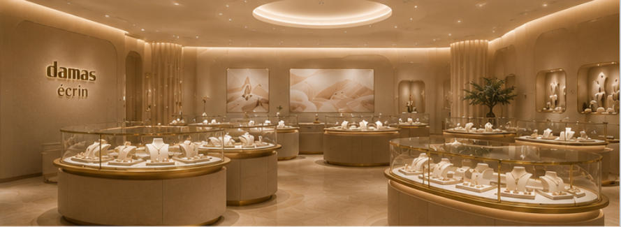 Low curved display stands intimate jewelry viewing