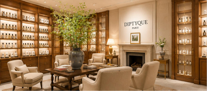 Diptyque library-style perfume wall vertical display