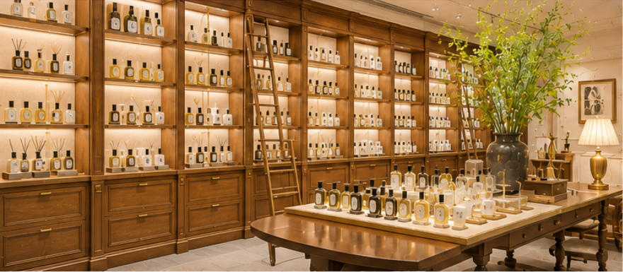 Diptyque walnut brass home fragrance display cabinets