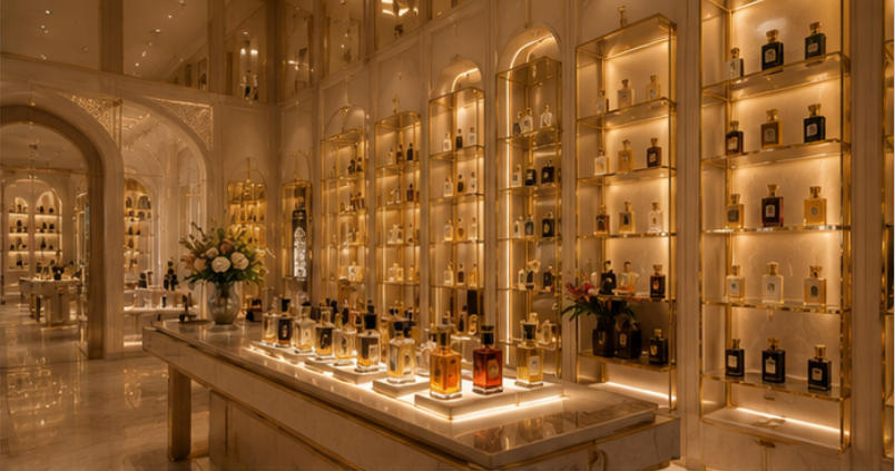 Gissah perfume tall display cabinets champagne metal