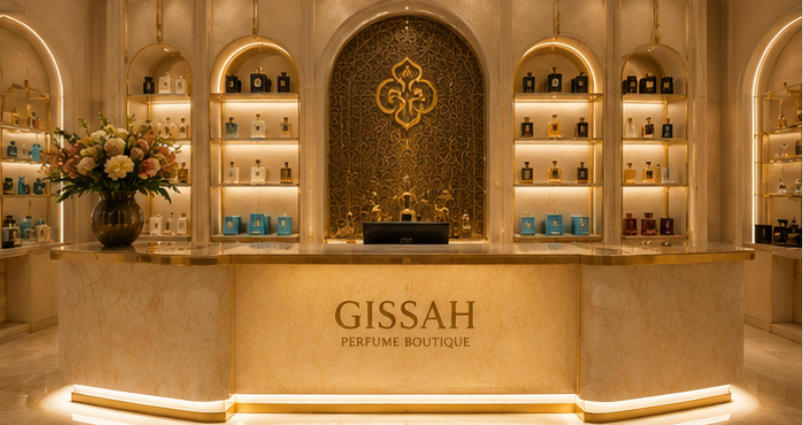 Gissah high end salon layout Arabic visual logic