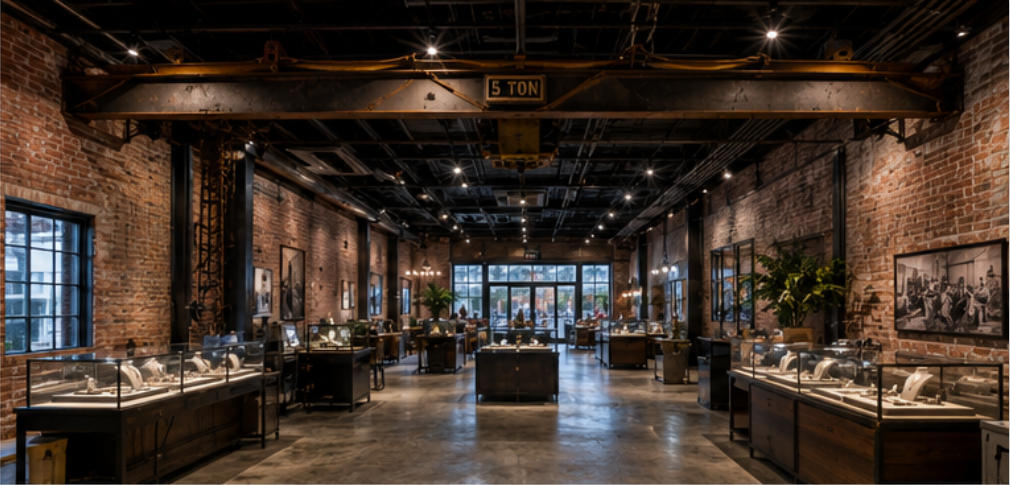 crane rails exposed brick industrial ceiling