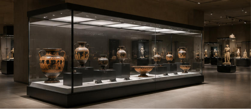 Louvre low reflection ultra white glass display vitrines