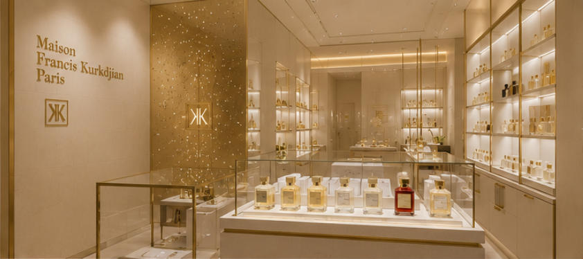 Maison Francis Kurkdjian elegant fragrance showcase brass cabinets