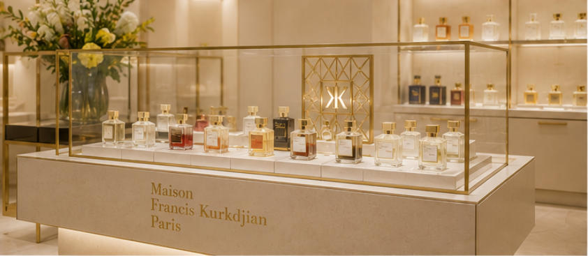 Maison Francis Kurkdjian ultra-white glass vitrines stone base