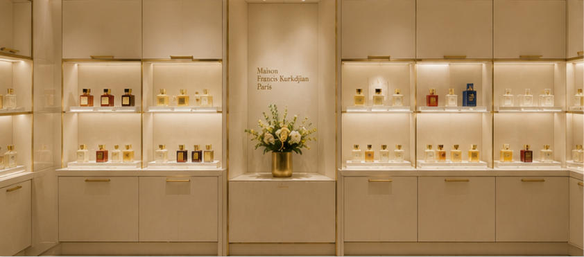 Maison Francis Kurkdjian warm white soft lighting fragrance display