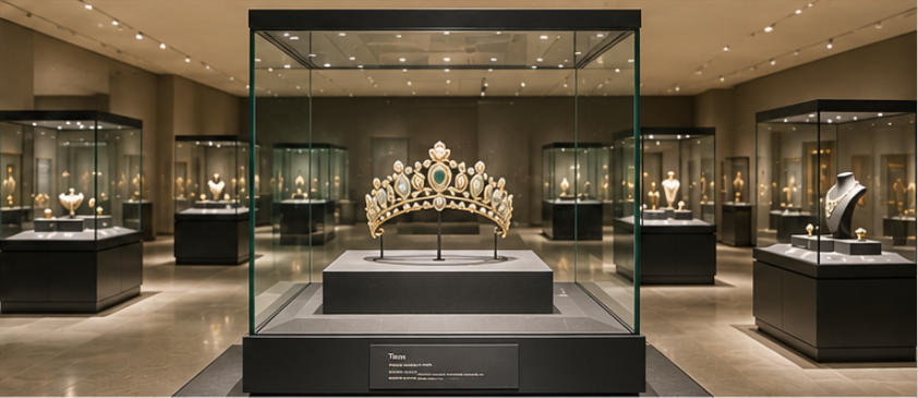 The Met low-reflection glass jewelry display vitrines