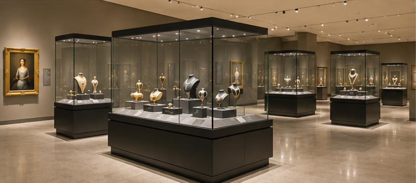 The Met dark wood veneer jewelry display backdrops