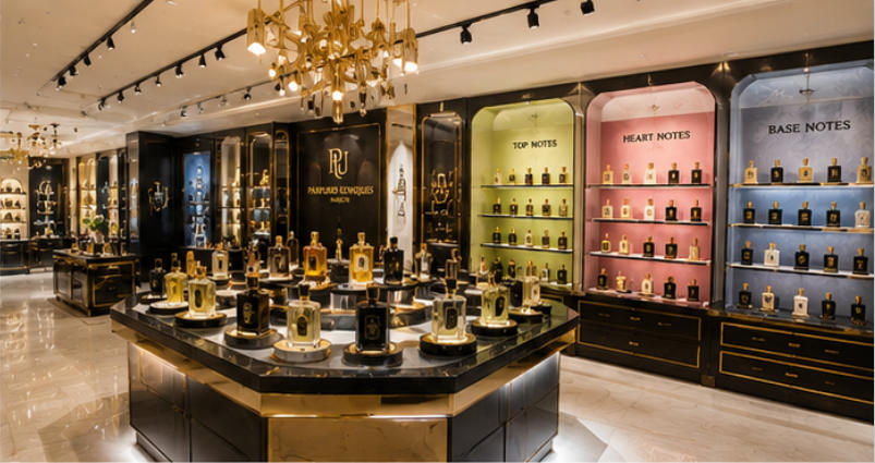 Parfums Uniques artistic island display cabinet sculptural